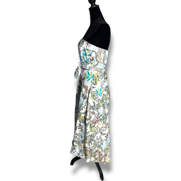 White House Black Market Spring-y White Strapless Blue/Brown Floral Midi Dress - Picture 5 of 16